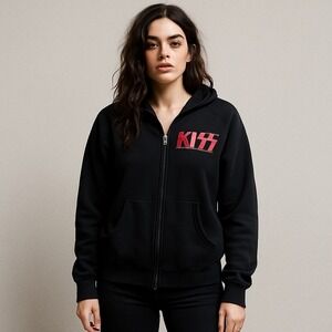 KISS Band Hoodie Vintage Vinyl Zip Up Black Rhinestone Logo Fleece Women's S/M‎